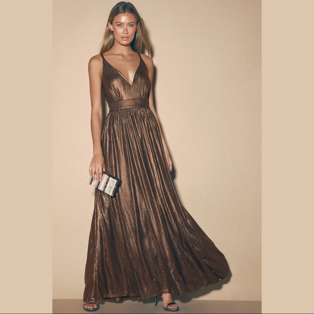 NWT Lulus High Profile Bronze Metallic Maxi Dress Size Small